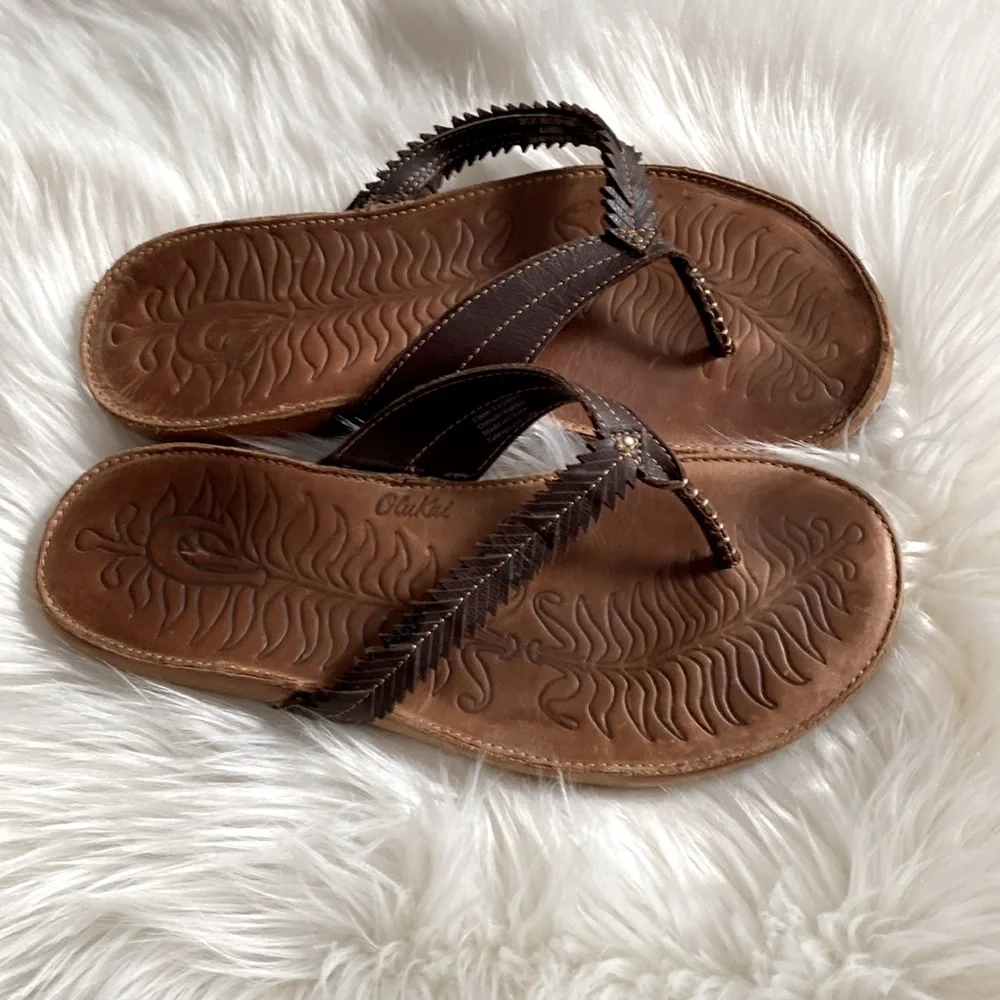 OluKai Brown Leather Feather-Trim Flip Flop Sandals